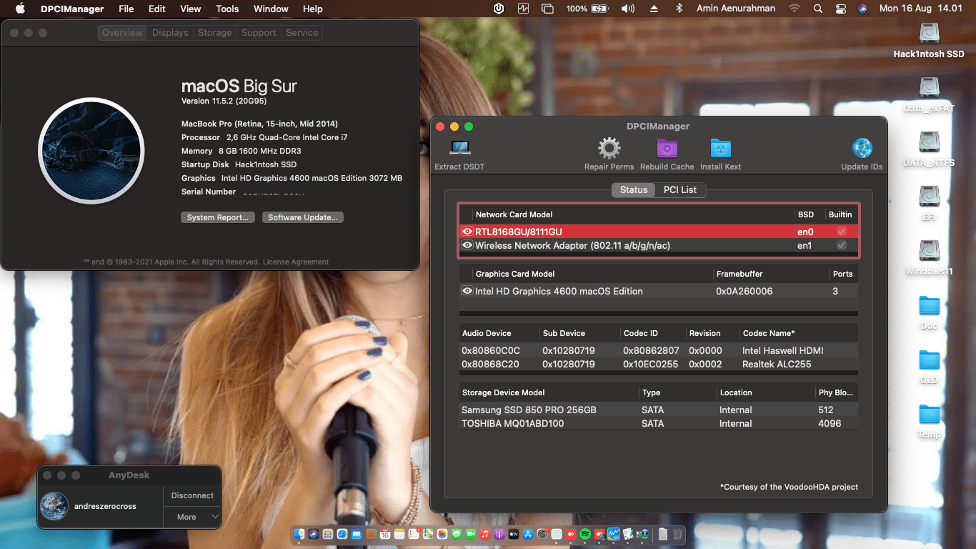 Success Hackintosh macOS Big Sur 11.5.2 Build 20G95 in Dell Inspiron 14 7447 Pandora